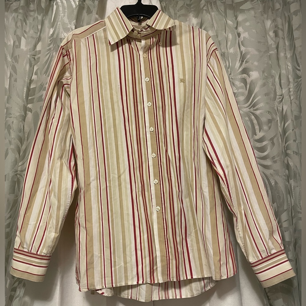 Burberry Men's Shirt - Red, Cream, and Tan Stripes